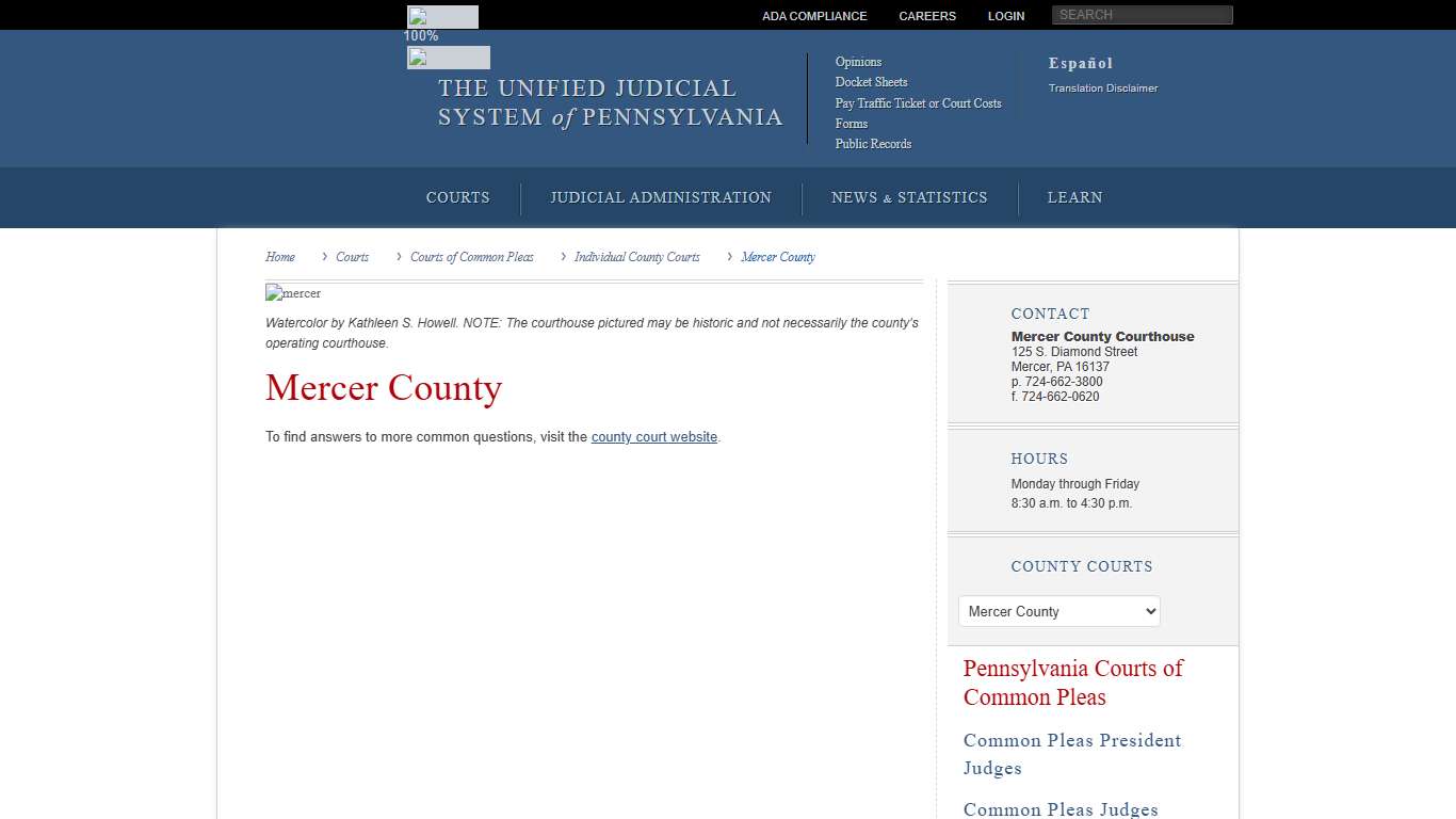 Mercer County Individual County Courts Courts of Common Pleas Courts Unified Judicial System of Pennsylvania
